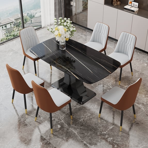 Sumdeal 63" Morden Faux Marble Dining Room Table Set,Big Kitchen Dining Table for 6-8 with MDF Base,7 Piece Rectangle Dining Table Set &6 Pu Leather Upholstered Chairs Ideal,Brown Grey,Set of 6