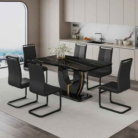 Sumdeal 63" Morden Faux Marble Dining Room Table Set,Big Kitchen Dining Table for 6-8 with MDF Base,7 Piece Rectangle Dining Table Set &6 Pu Leather Upholstered Chairs Ideal (Black, Set of 6)