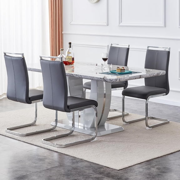 Sumdeal 5-Piece Dining Set, 63 in Faux Marble Dining Table with 4 Gray PU Leather Chairs