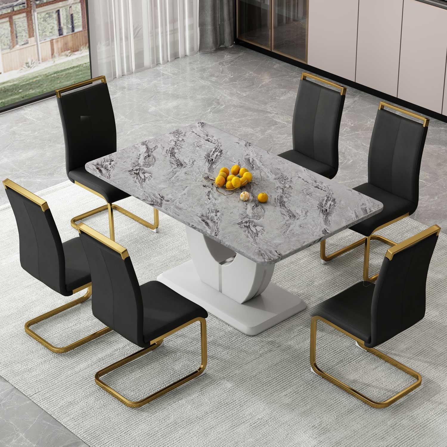 Sumdeal 63" Morden Faux Marble Dining Room Table Sets for 6,Gray Table ...