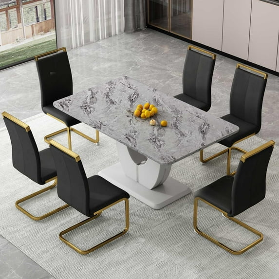 Sumdeal 63" Morden Faux Marble Dining Room Table Sets for 6,Gray Table and Black Chairs,Set of 6