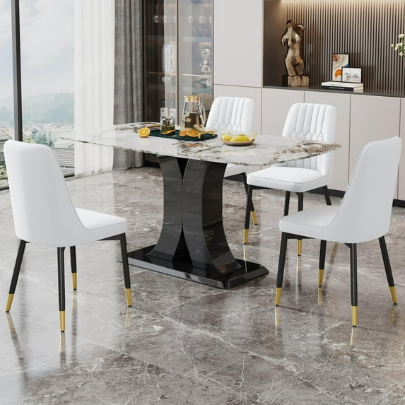 Sumdeal 63" Morden Faux White Marble Dining Room Table Set,Big Kitchen Dining Table for 6-8 with MDF Base,7 Piece Rectangle Dining Table Set &6 Pu Leather Upholstered Chairs Ideal,White,Set of 4