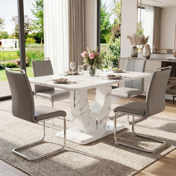 Sumdeal 63" White Floral Faux Marble Dining Table Set for 4, Rectangular Table with 4 Light Gray PU Leather Chairs, Silver Legs