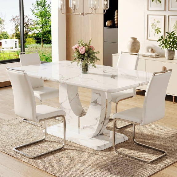 Sumdeal 63" White Floral Faux Marble Dining Table Set for 4, Rectangular Table with 4 White PU Leather Chairs, Silver Legs