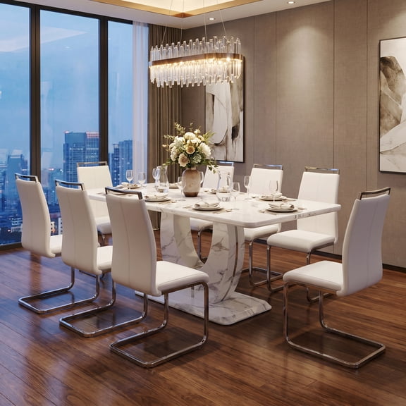 Sumdeal 63" White Floral Faux Marble Dining Table Set for 8, Rectangular Table with 8 White PU Leather Chairs, Silver Legs