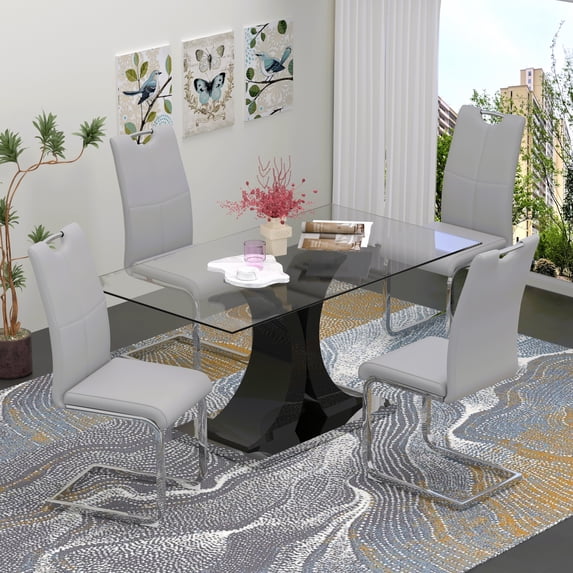 Sumdeal 63" rectangle Modern Glass Top Dining Room Table Sets for 4,Glass Dining Table with 4 PU leather C-Shape Chairs with Handle, 1 Black Base Glass Table and 4 Light Gray Chairs