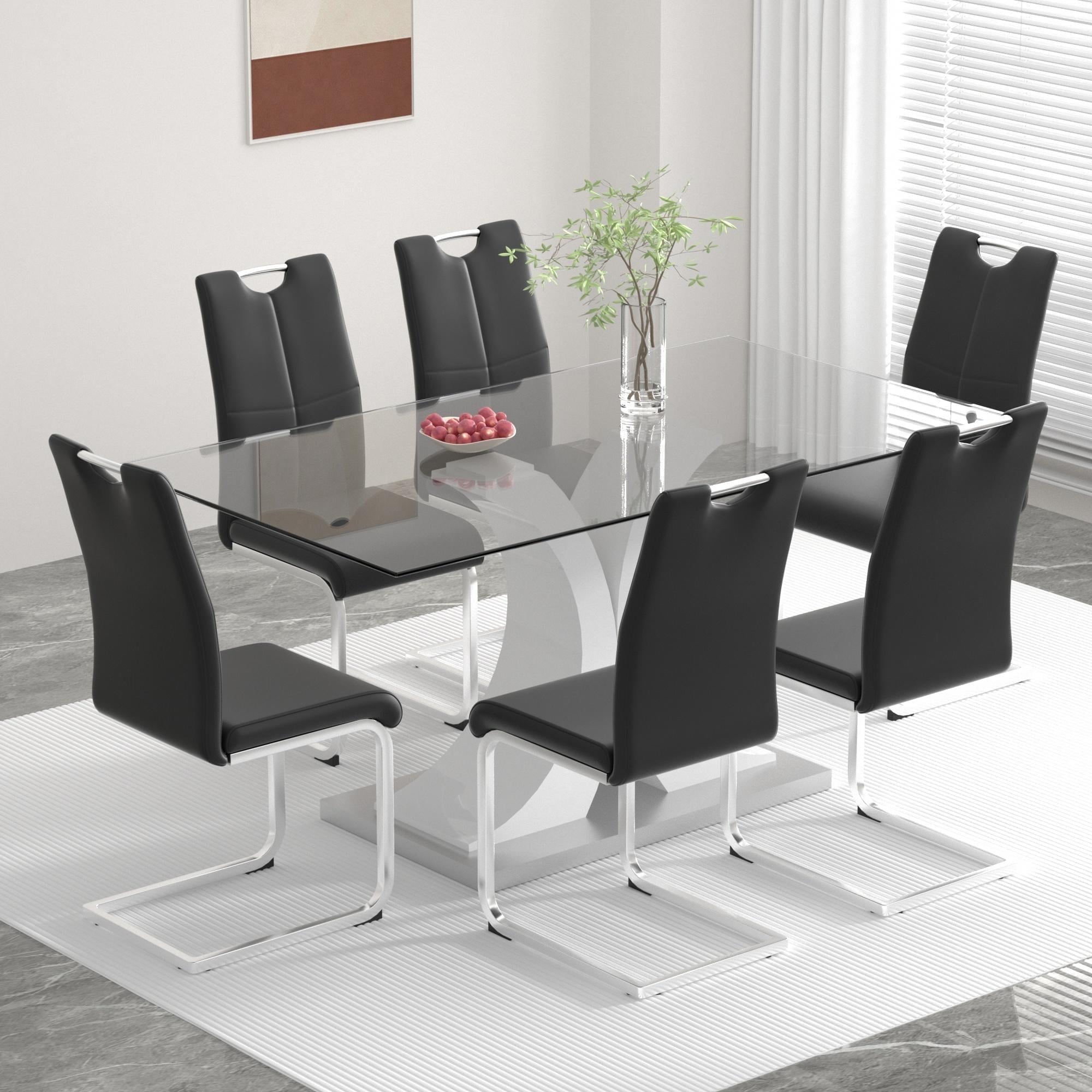 Sumdeal 63" rectangle Modern Glass Top Dining Room Table Sets for 6,Glass Dining Table with 6 PU ...