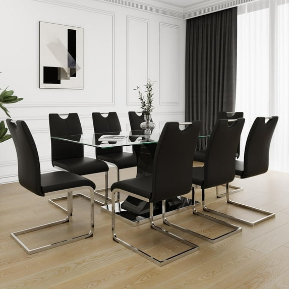 Sumdeal 63" rectangle Modern Glass Top Dining Room Table Sets for 8,Glass Dining Table with 8 PU leather C-Shape Chairs with Handle, 1 Black Base Glass Table and 8 Black Chairs