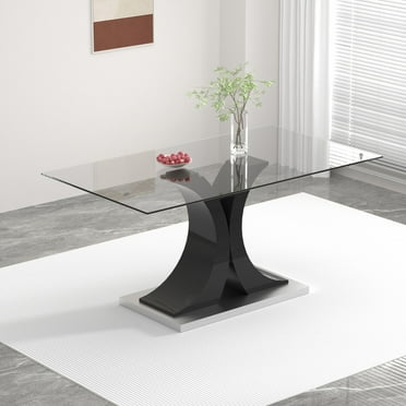 Sumdeal 63" rectangle Modern Glass Top Dining Room Table with Black Base