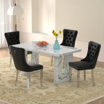 Sumdeal 64.5" Modern Faux Marble Dining Table Room Sets for 4,Dining Table with 4 Velvet Dining Chairs,Faux Marble Table with 4 Black Dining Chairs with Silver Leg