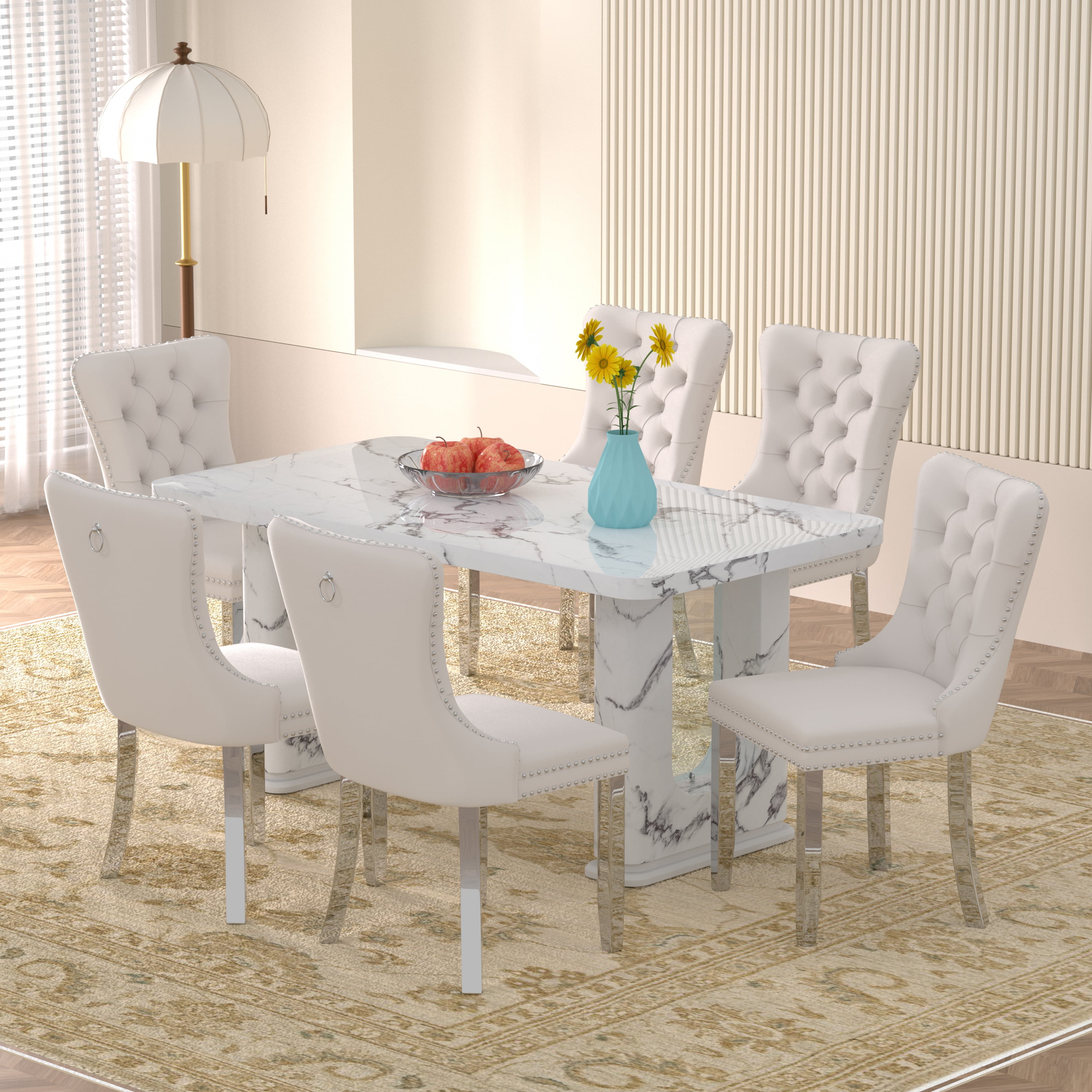 Sumdeal 64.5" Modern Faux Marble Dining Table Room Sets for 6,Dining ...