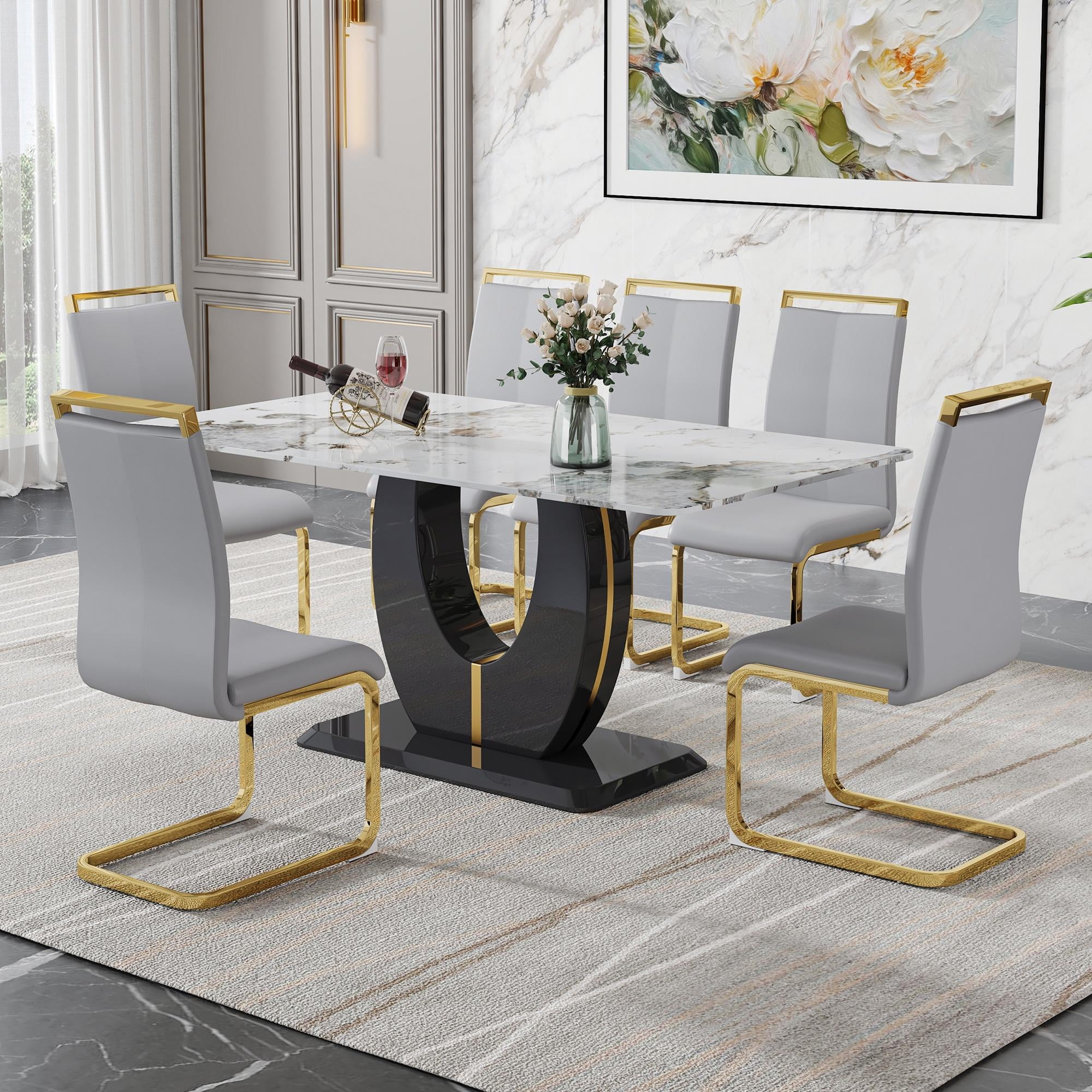 Sumdeal 7-Piece Morden Faux Marble Rectangular Dining Table Set for 6 ...