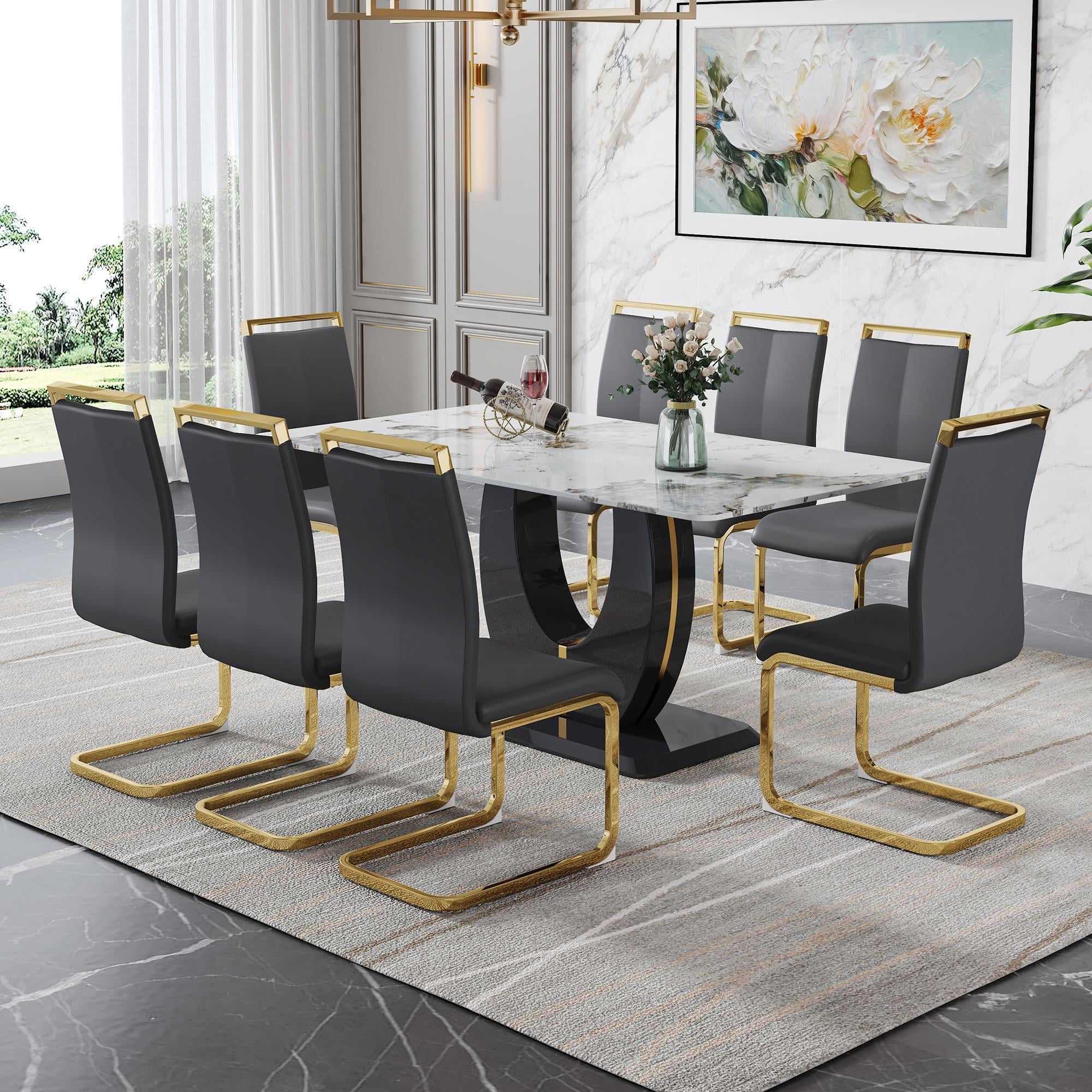 Sumdeal 67 Big Long Morden Black Faux Marble Dining Room Table Set for 8 Dining Table Sets for 8 9 Piece Rectangle Dining Table Set 8 Pu Leather