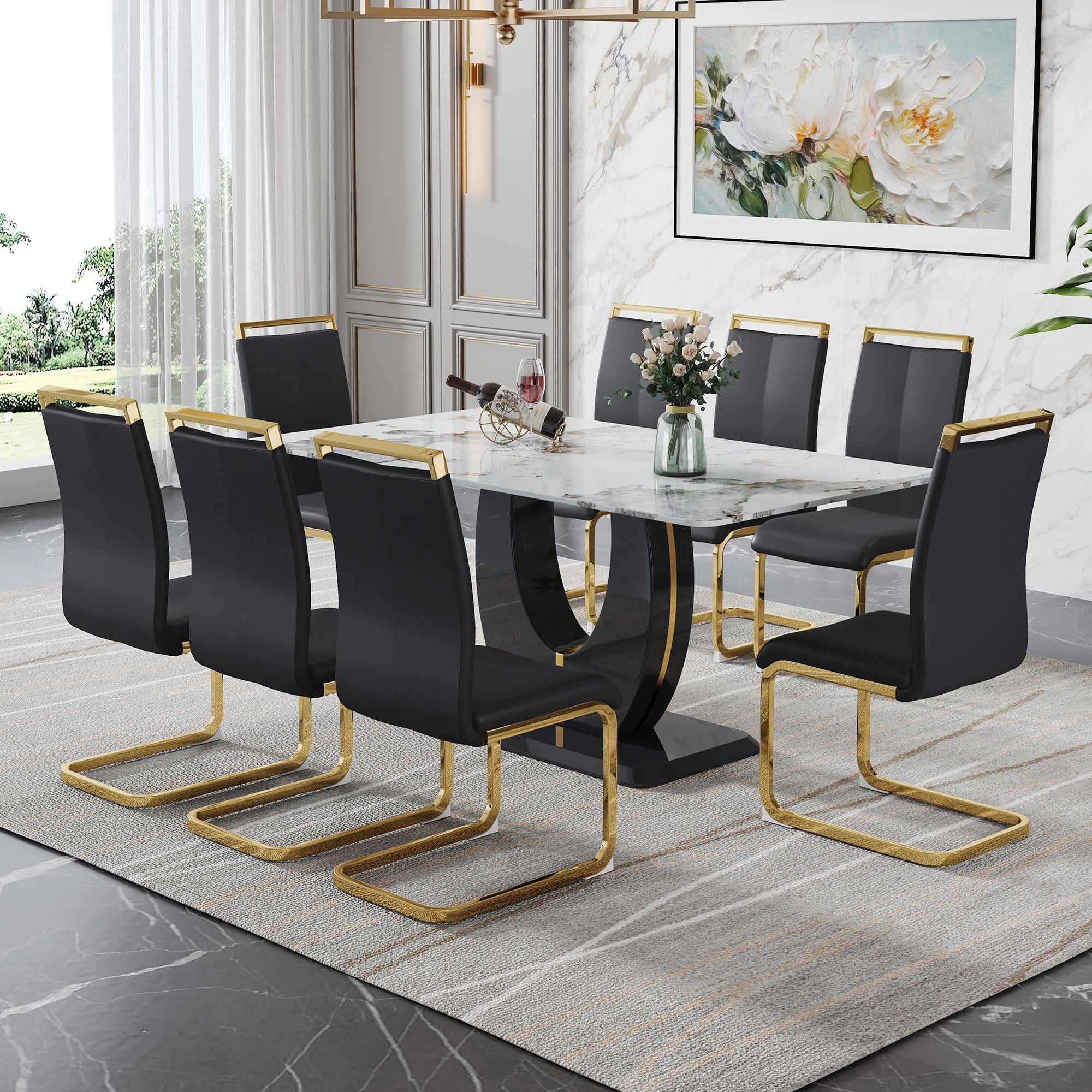 "Sumdeal 67"" Modern Black Faux Marble 9-Piece Dining Room Table Set ...
