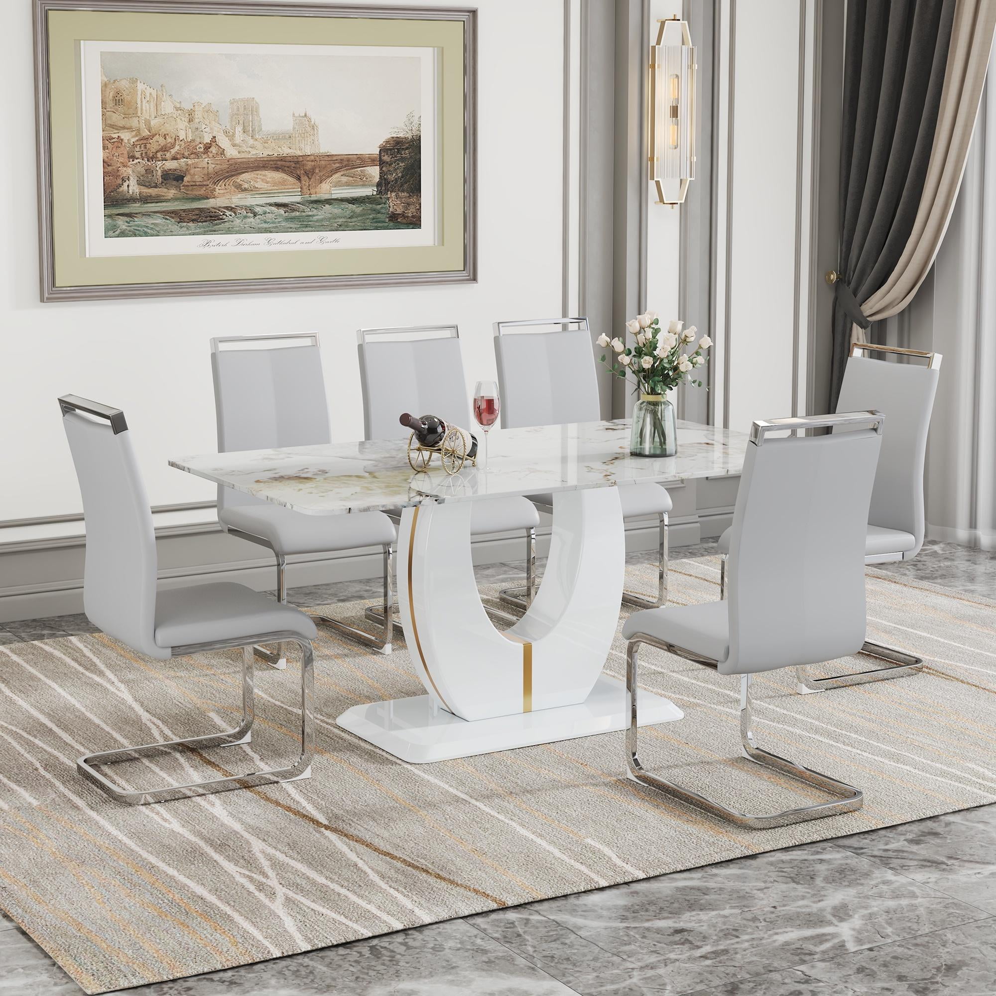 Sumdeal 67"Big Long Morden White Faux Marble Dining Room Table Set for ...
