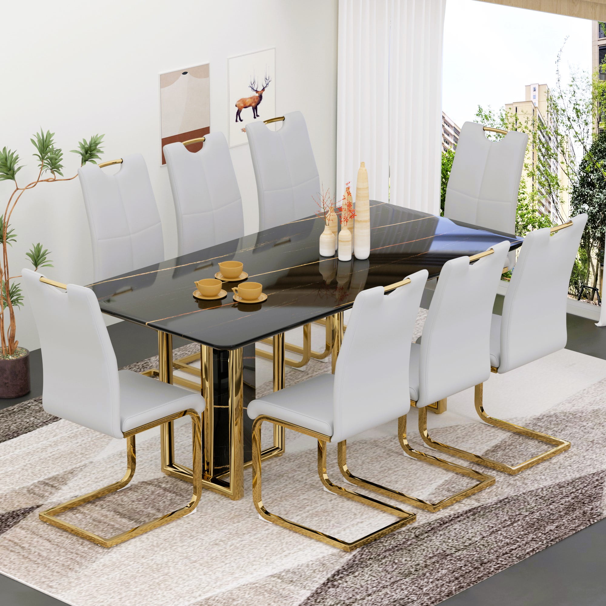 Sumdeal 67" Black Faux Marble Dining Table Room Set for 8,Modern Dining ...
