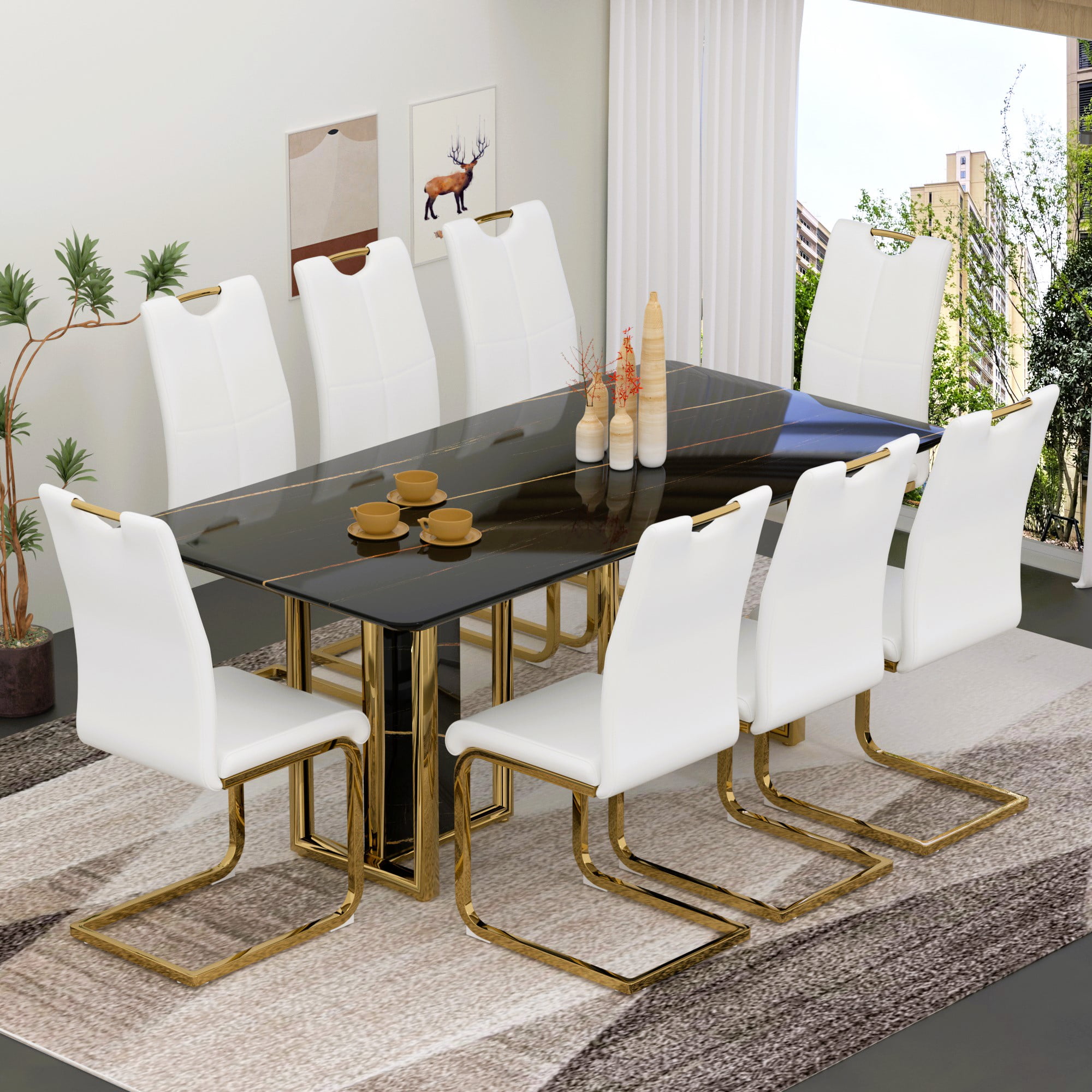 Sumdeal 67" Black Faux Marble Dining Table Room Set for 8, Modern ...
