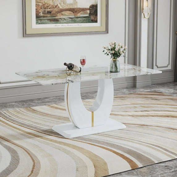 Sumdeal 67" Long Dining Table for 4-6 Modern Faux Marble Dining Table with U-Shape Pedestal Base Mid-Century Rectangle Kitchen Dinner Table,White,U shape,67Inch