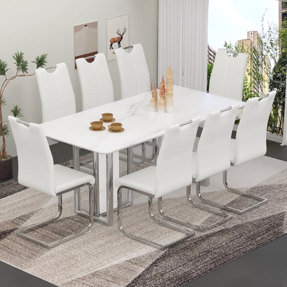 Sumdeal 67" White Faux Marble Dining Table Room Set for 8, Modern Dining Table set for 8,Kitchen Room Table with Silver Metal Base and 6 White Chairs with Silver Leg