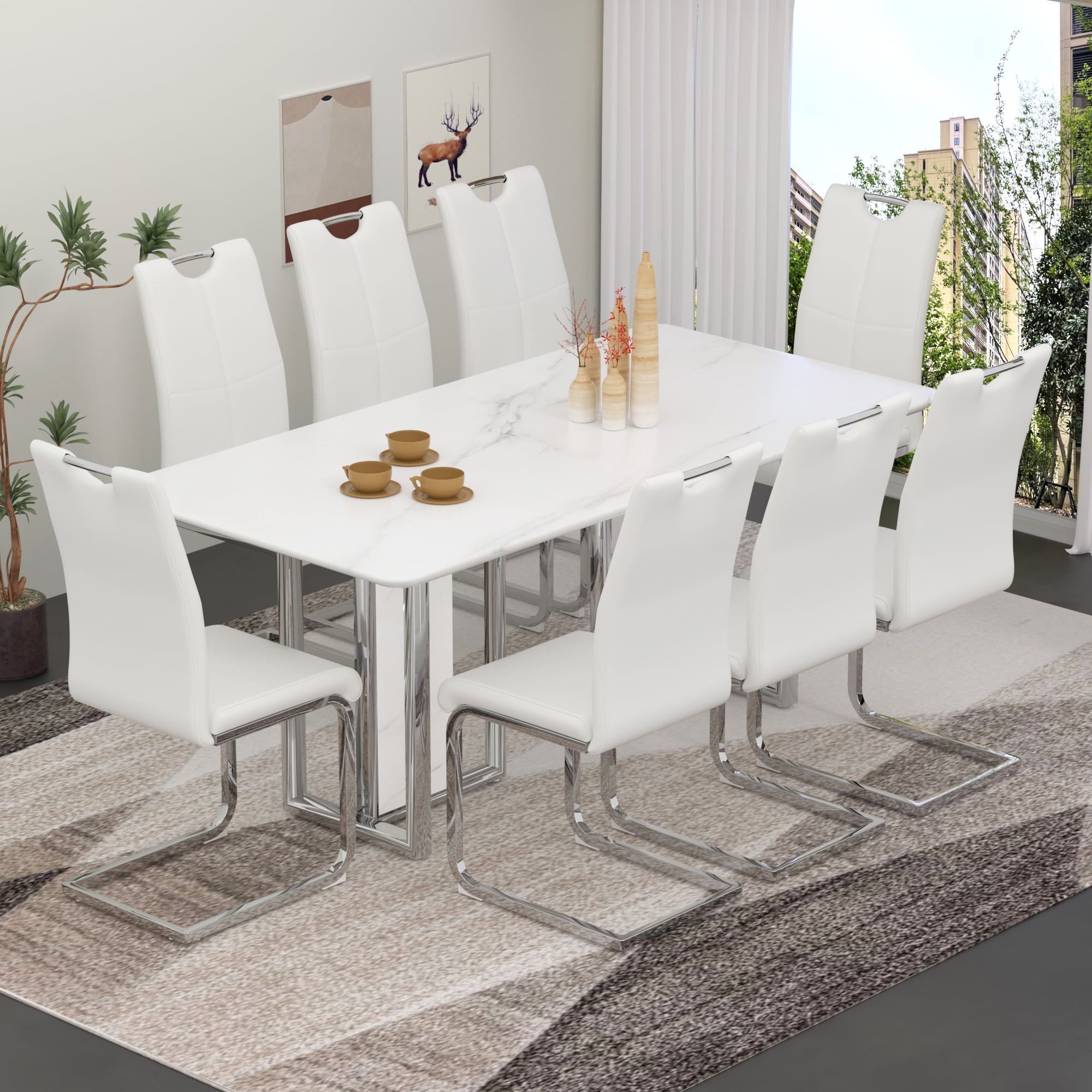 Sumdeal 67" White Faux Marble Dining Table Room Set for 8, Modern ...