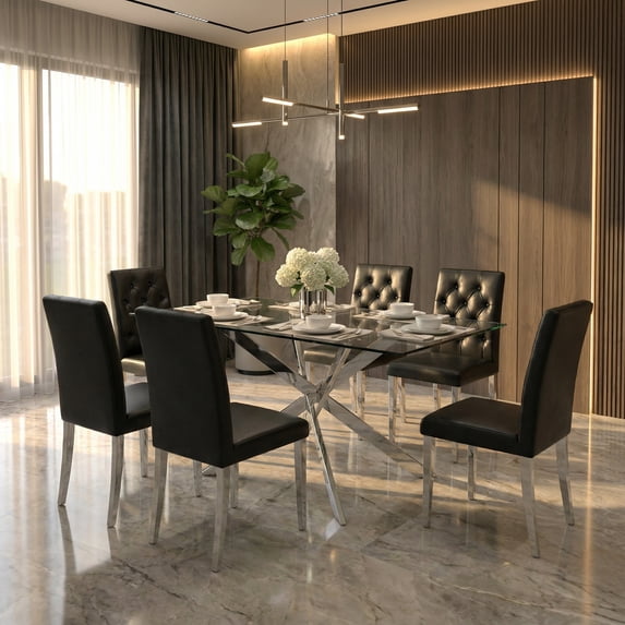 Sumdeal 7-Piece Dining Table and Chair Set, for Six, Modern Kitchen Table, Tempered Glass Tabletop, Six Ergonomic PU Leather Chairs, Suitable for Family Dining Rooms, Restaurants, and Banquet Halls