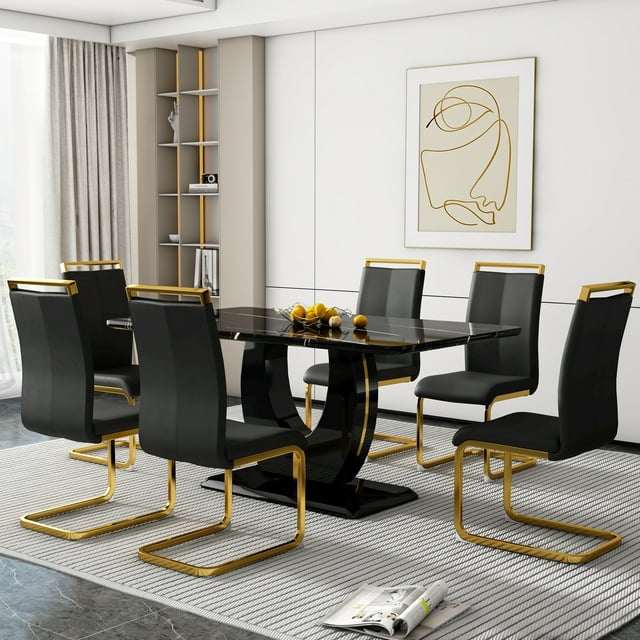 Sumdeal 7 Piece Dining Table Set, 63" Faux Marble Dining Room Table
