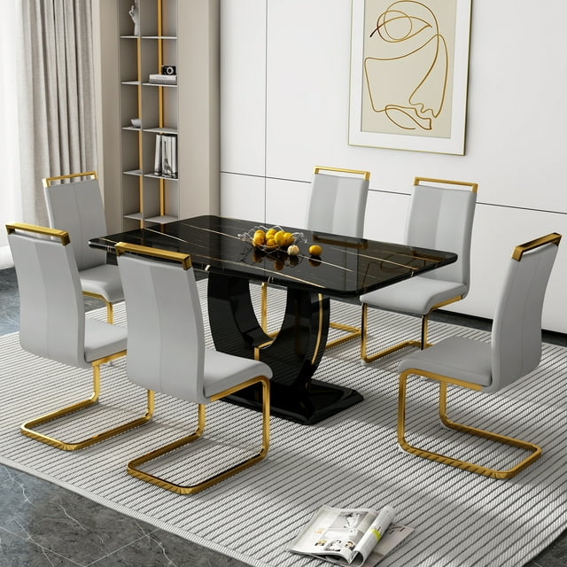 Sumdeal 7 Piece Dining Table Set, 63" Faux Marble Dining Room Table