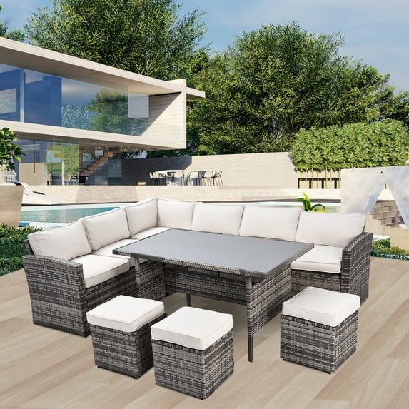 Sumdeal 7-Piece Outdoor Patio Furniture Set with Dining Table, Chairs and Ottomans,Grey+Beige