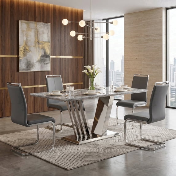 Sumdeal 70'' Faux Marble Dining Table Set for 4 with Grey Upholstered Dining Chairs, Modern Rectangular Marble Kitchen Table and Chairs Set with Stainless Steel Base