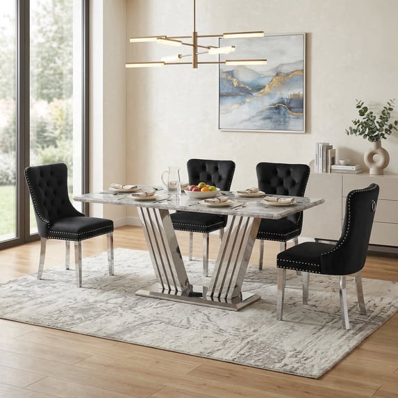 Sumdeal 70" Faux Marble Dining Table Set for 4, Modern Kitchen Dining Table with 4 Velvet Upholstered Dining Chairs, Stainless Steel Base Dining Room Furniture Set, Black