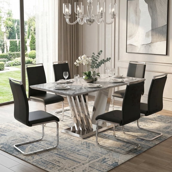 Sumdeal 70'' Faux Marble Dining Table Set for 6 with Black Upholstered Dining Chairs, 70 Inch Modern Marble Kitchen Table and Chairs Set with Chrome Stainless Steel Base
