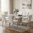 thumbnail image 1 of Sumdeal 70" Faux Marble Dining Table Set for 6, Rectangle Marble Kitchen Dining Table with 6 Velvet Upholstered Tufted Chairs, Stainless Steel Base Dining Room Set, Beige, 1 of 7