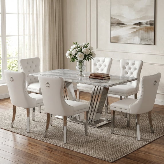 Sumdeal 70" Faux Marble Dining Table Set for 6, Rectangle Marble Kitchen Dining Table with 6 Velvet Upholstered Tufted Chairs, Stainless Steel Base Dining Room Set, Beige