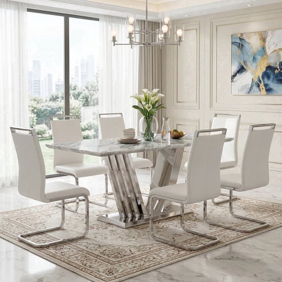 Sumdeal 70'' Faux Marble Dining Table Set for 6 with White Upholstered Dining Chairs, Modern Marble Kitchen Table and Chairs Set with Chrome Stainless Steel Base