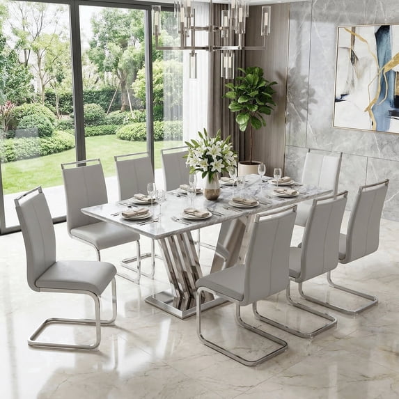 Sumdeal 70'' Faux Marble Dining Table Set for 8 with Light Grey PU Leather Dining Chairs, Large Marble Kitchen Table with Chrome Stainless Steel Base