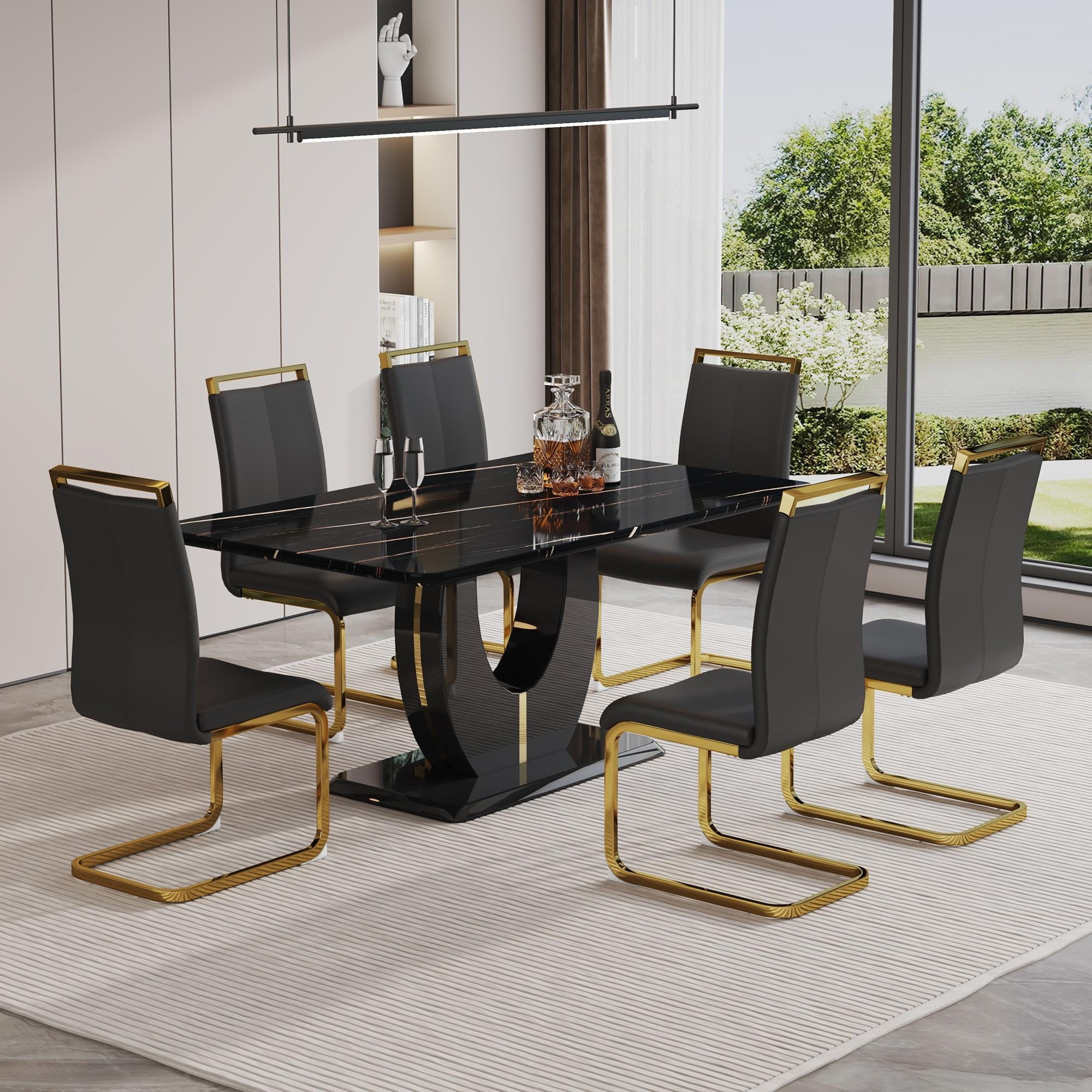 Sumdeal 71"Big Long Morden Black Faux Marble Dining Room Table Set for ...