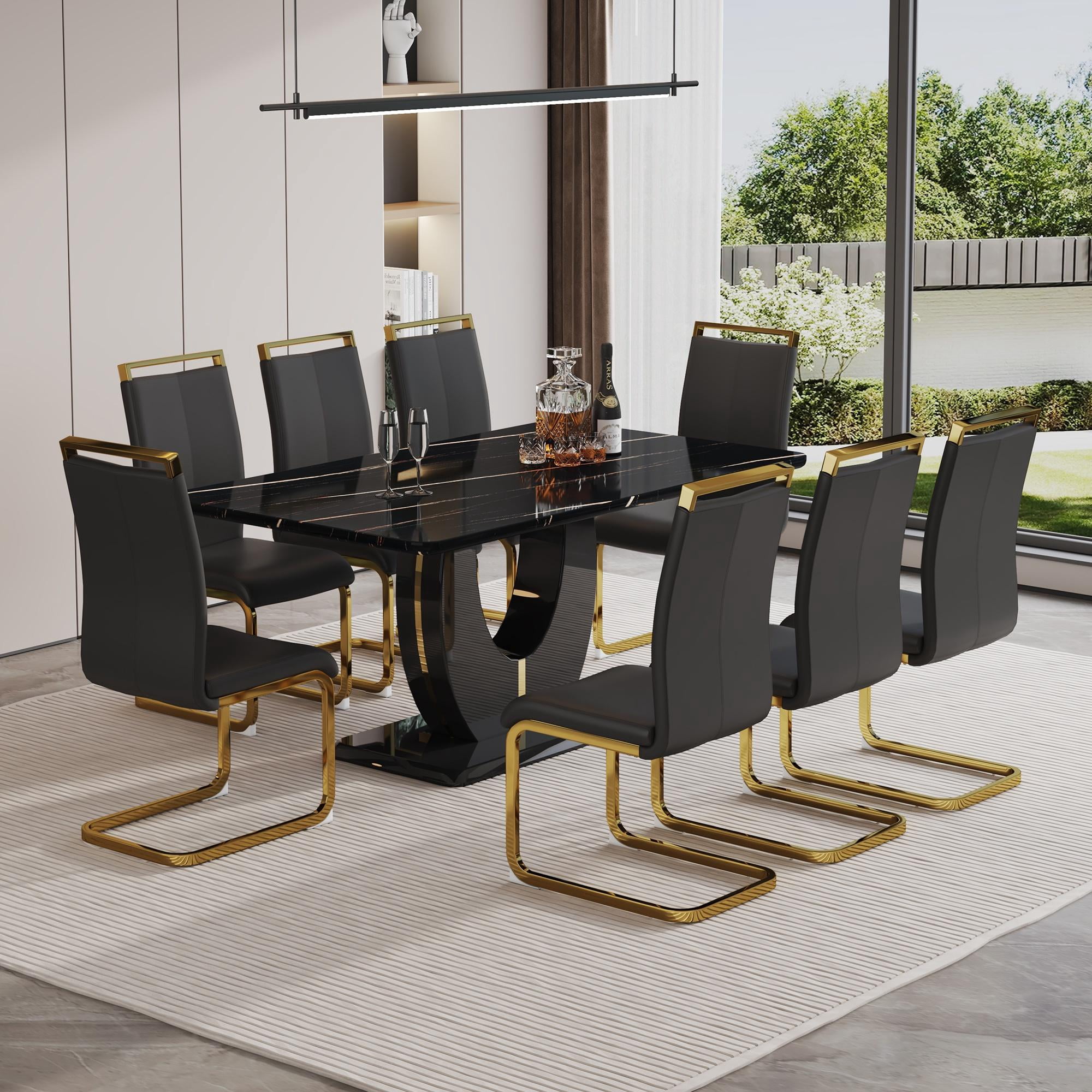 Sumdeal 9-Piece Dining Set: Faux Marble Table, 8 Leather Upholstered ...