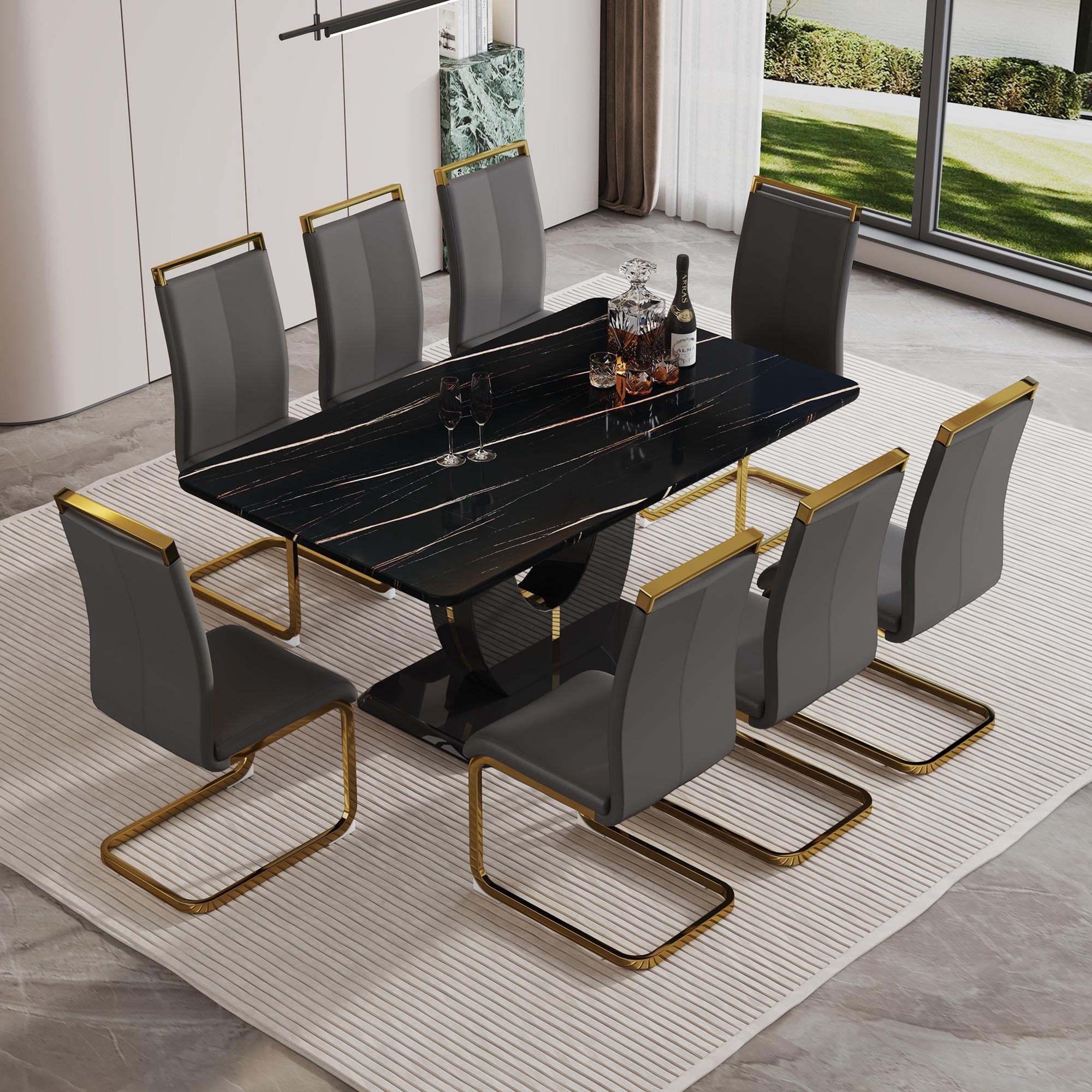 Sumdeal 71"Big Long Morden Black Faux Marble Dining Room Table Set for ...