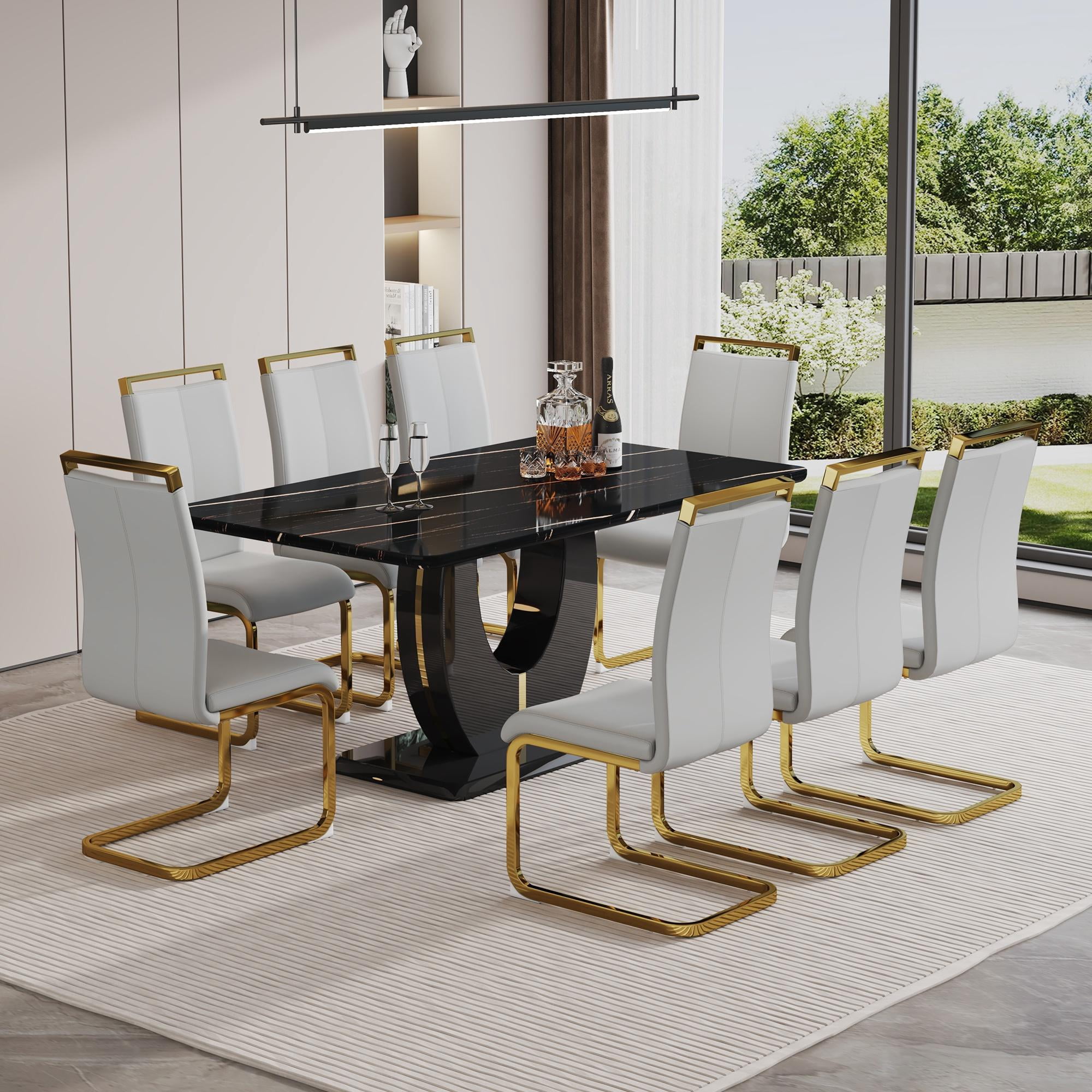 Sumdeal 71"Big Long Morden Black Faux Marble Dining Room Table Set for ...