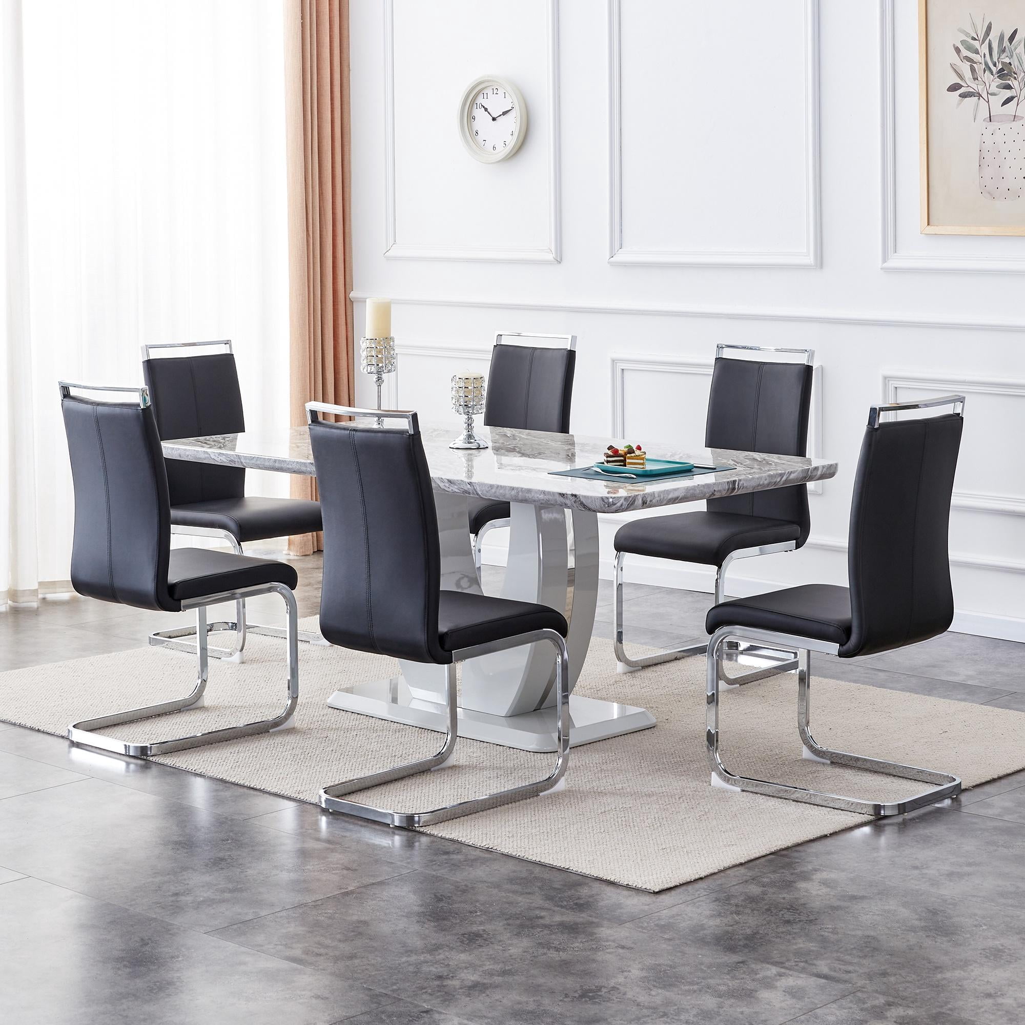 Sumdeal 71"Big Long Morden Faux Marble Dining Room Table Set for 6,Gray ...