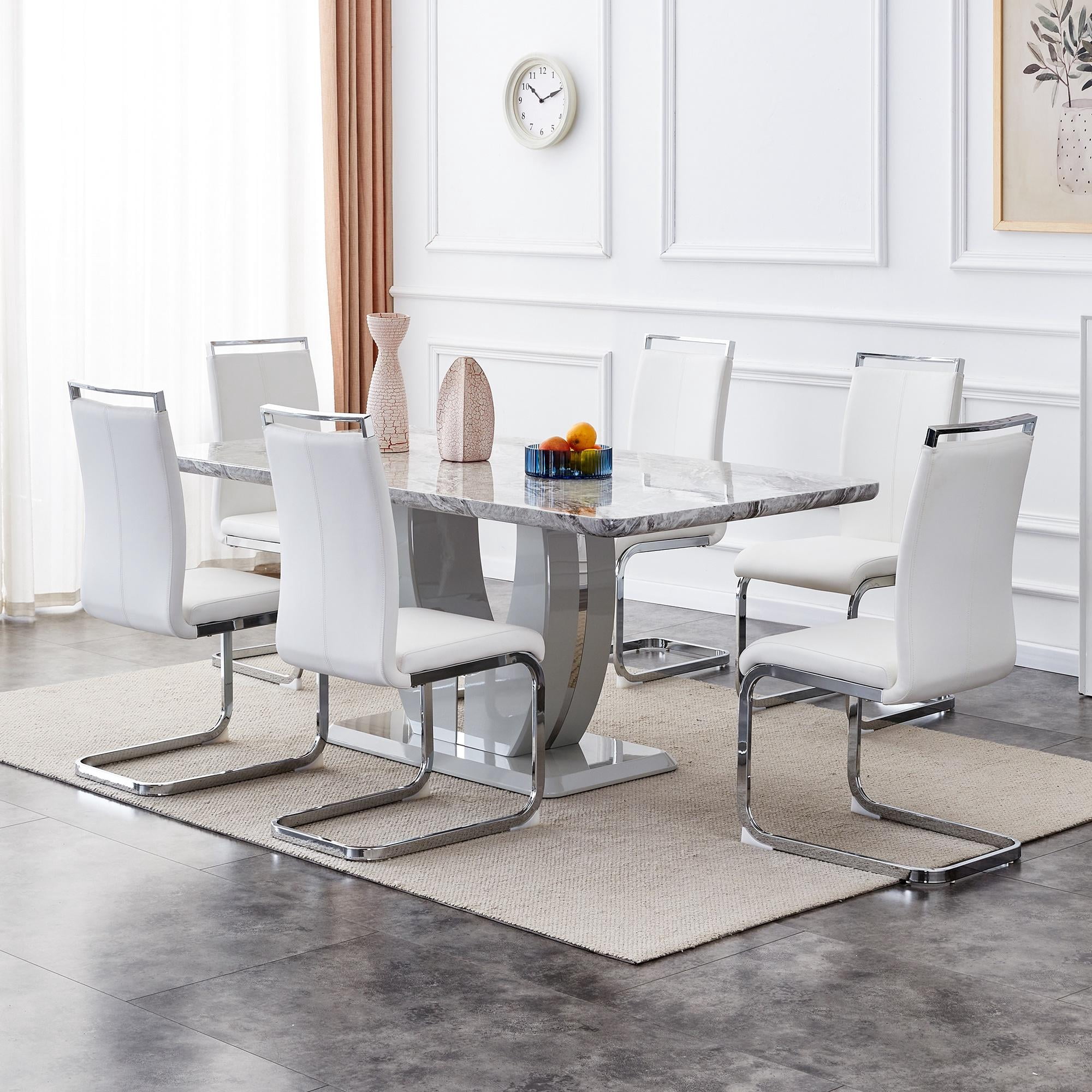 "Sumdeal 71"" Modern Faux Marble Dining Table Set for Six, 7 Piece Set ...