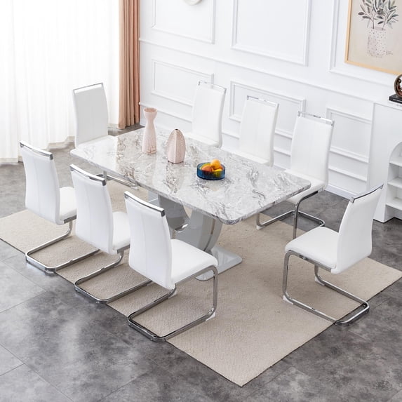 Sumdeal 71"Big Long Morden Faux Marble Dining Room Table Set for 8,Gray Dining Table Sets for 8,9 Piece Rectangle Dining Table Set &8 Pu Leather Upholstered Chairs Ideal (White, Set of 8)
