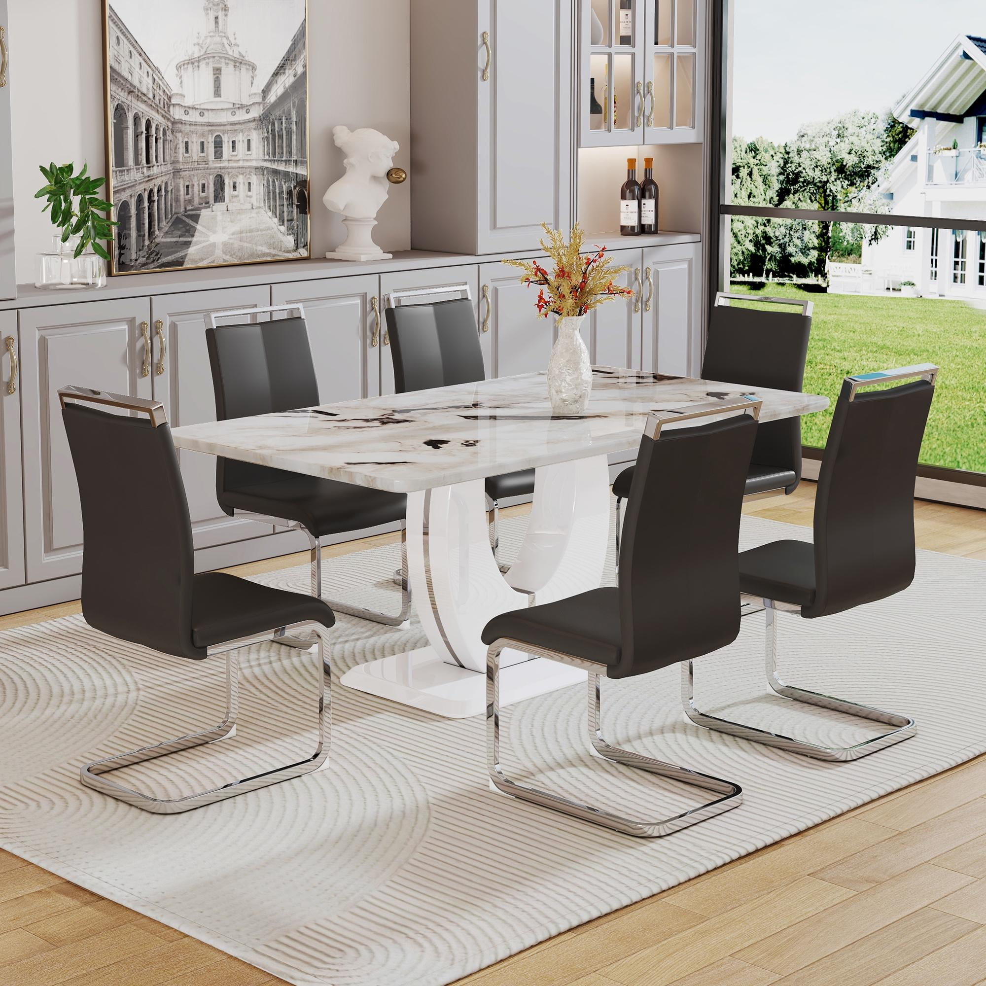 Sumdeal 71 Modern White Faux Marble 7 Piece Dining Set With 6 Pu Leather Chairs Black 9768