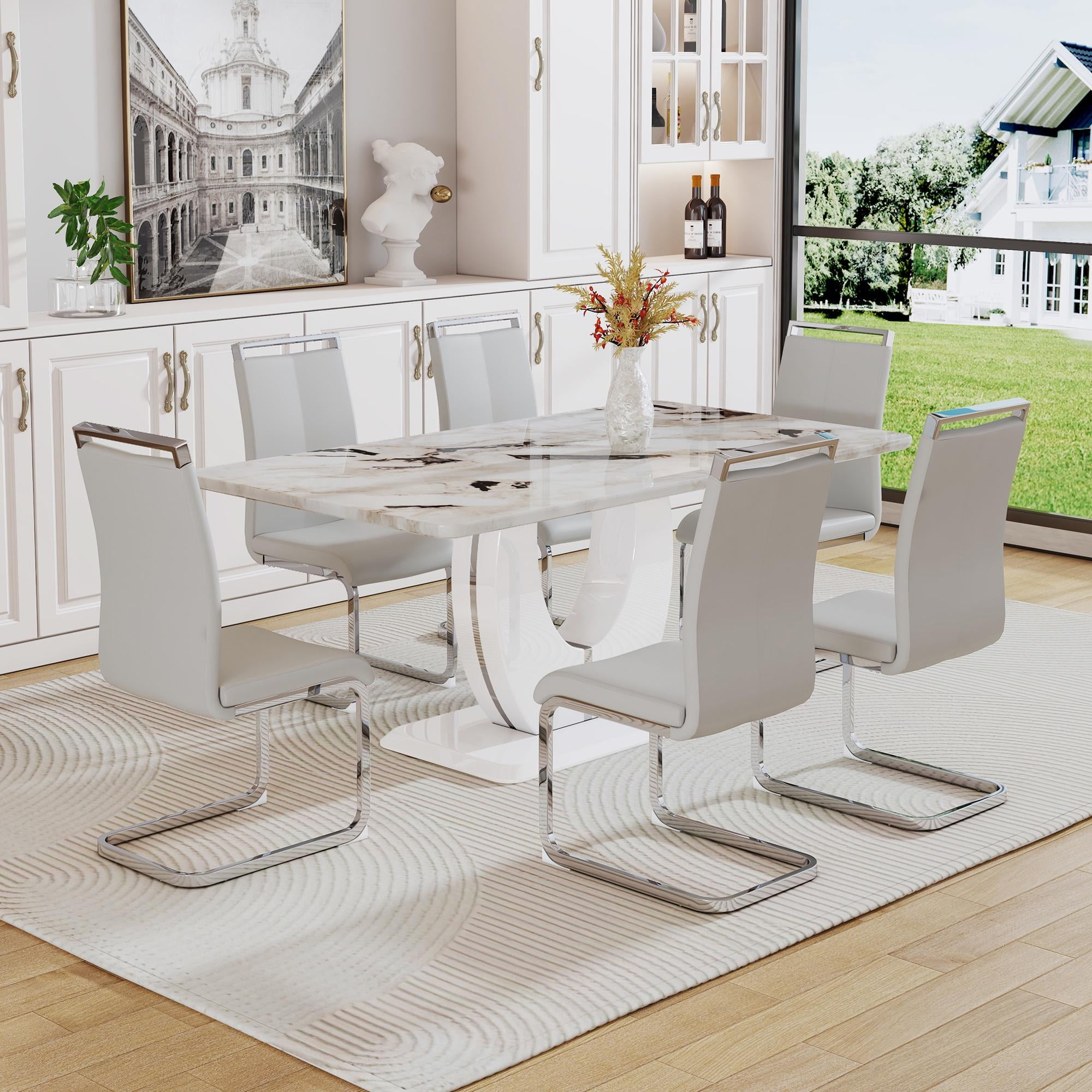 Sumdeal 71"Big Long Morden White Faux Marble Dining Room Table Set for ...