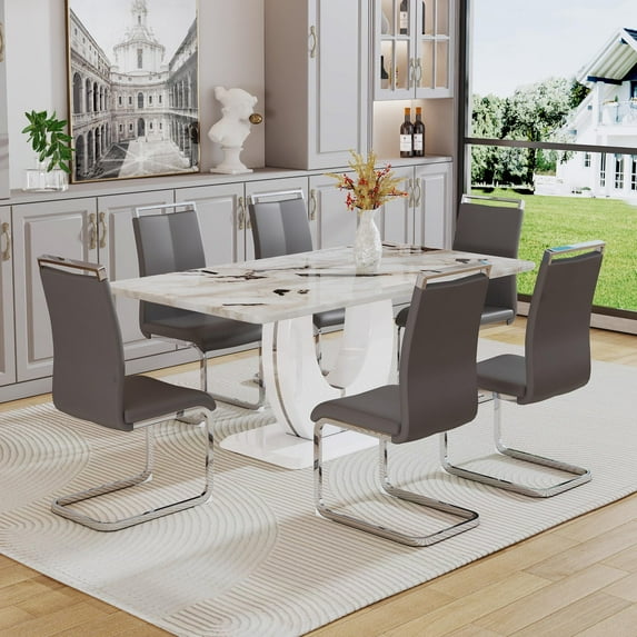 Sumdeal 71"Big Long Morden White Faux Marble Dining Room Table Set for 6,Dining Table Sets for 6,7 Piece Rectangle Dining Table Set &6 Pu Leather Upholstered Chairs Ideal (Gray, Set of 6)