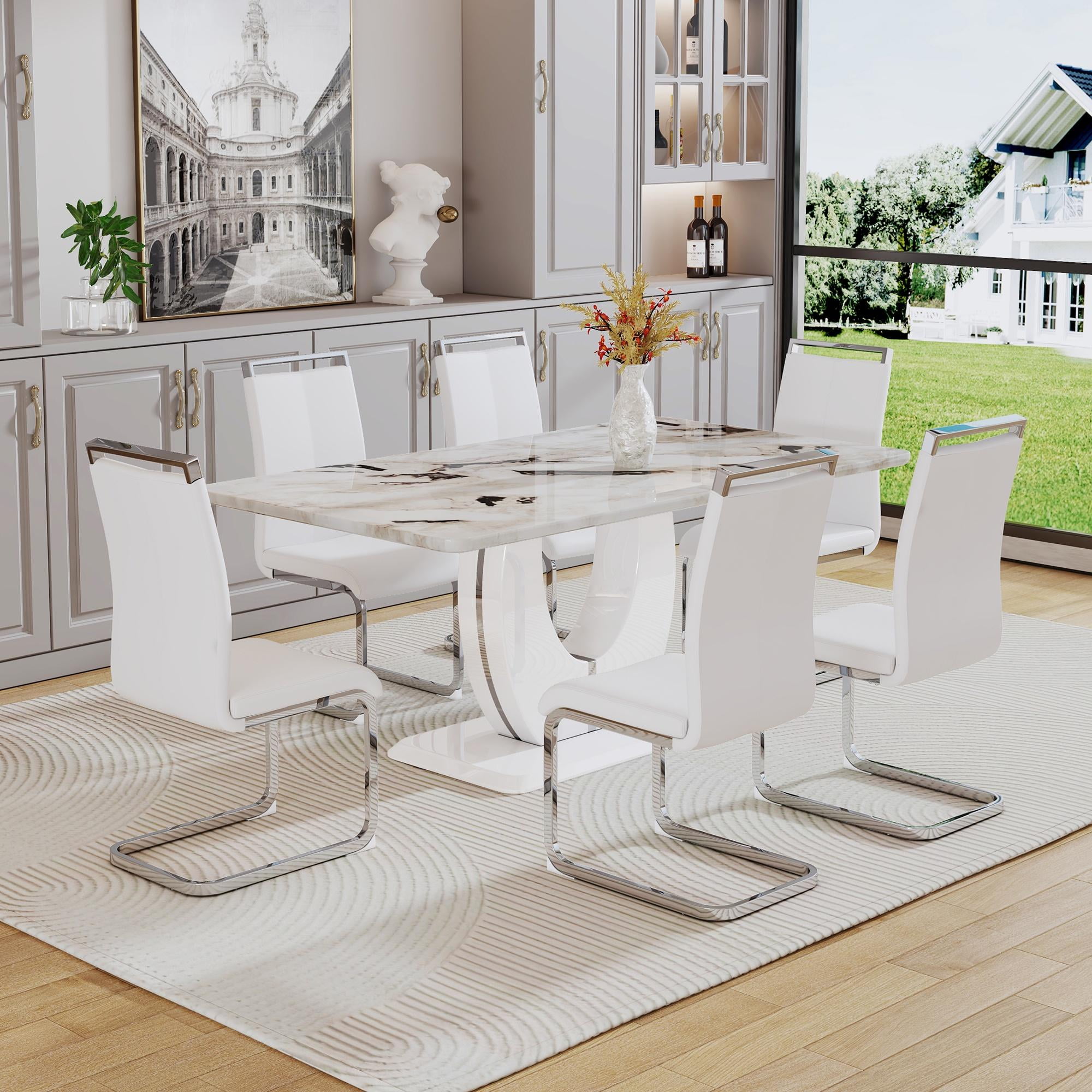 Sumdeal 71"Big Long White Morden Faux Marble Dining Room Table Set for ...