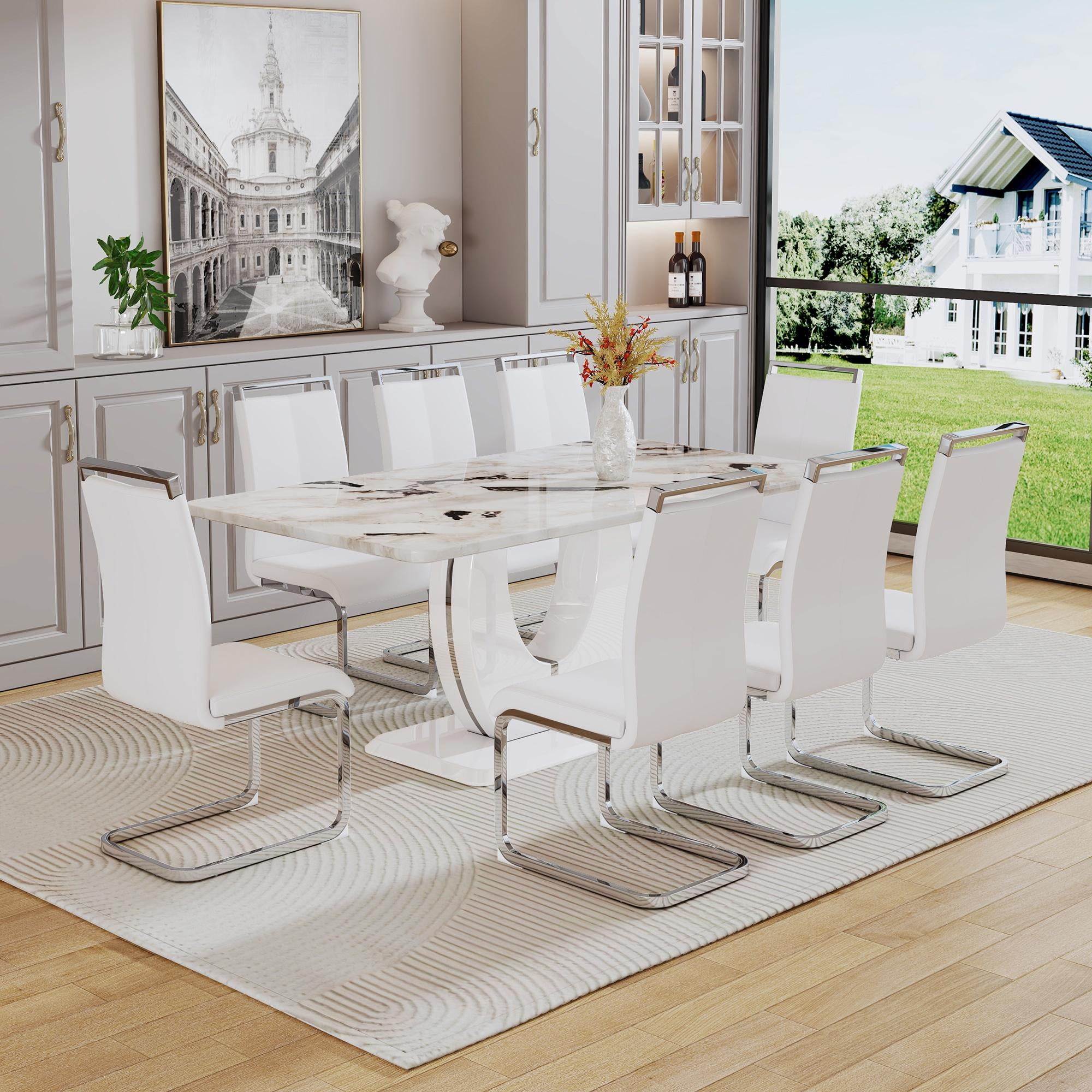 "Sumdeal 71"" Modern Faux Marble Dining Room Table Set for 8, 9 Piece ...