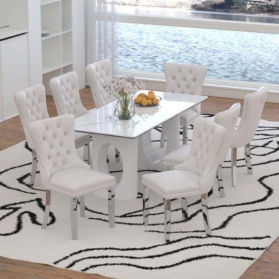 Sumdeal 71" White base White Sintered Stone Dining Table with 8 Beige Velvet Upholstered Chairs