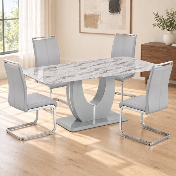 Sumdeal 71 in. Grey Glass Tabletop Marble Pattern Dining Set with 4 Light Gray PU Chairs, 5 Piece