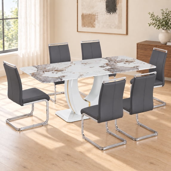 Sumdeal 71 in. White Glass Tabletop Marble Pattern Dining Set with 6 Dark Gray PU Chairs, 7 Piece
